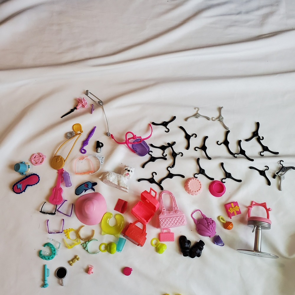 Barbie Doll Accessories Lot Bags Hangers Dog Guitar Hat Purse Luggage